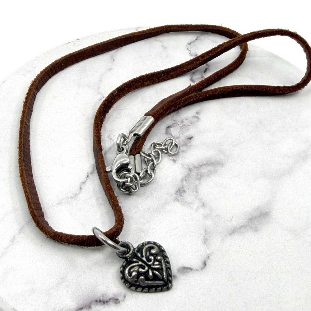 Bohemian Brown Suede Cord Necklace with Intricate Silver Tone Heart Charm Gift